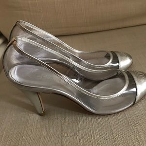 Chanel silver leather/clear Cinderella Slippers